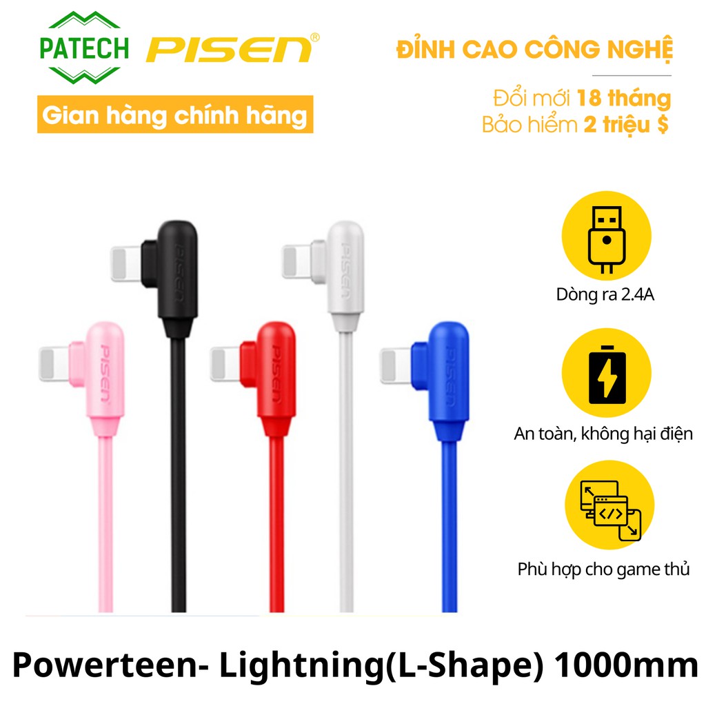 Cáp Pisen Powerteen- Lightning(L-Shape) 1000mm màu ngẫu nhiên - Hàng chính hãng