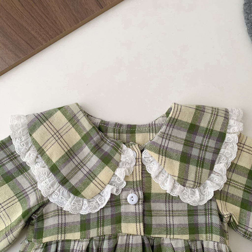 Bộ Áo Liền Quần Tay Dài Vải Cotton Họa Tiết Sọc Caro Thời Trang Mùa Thu Cho Bé Gái