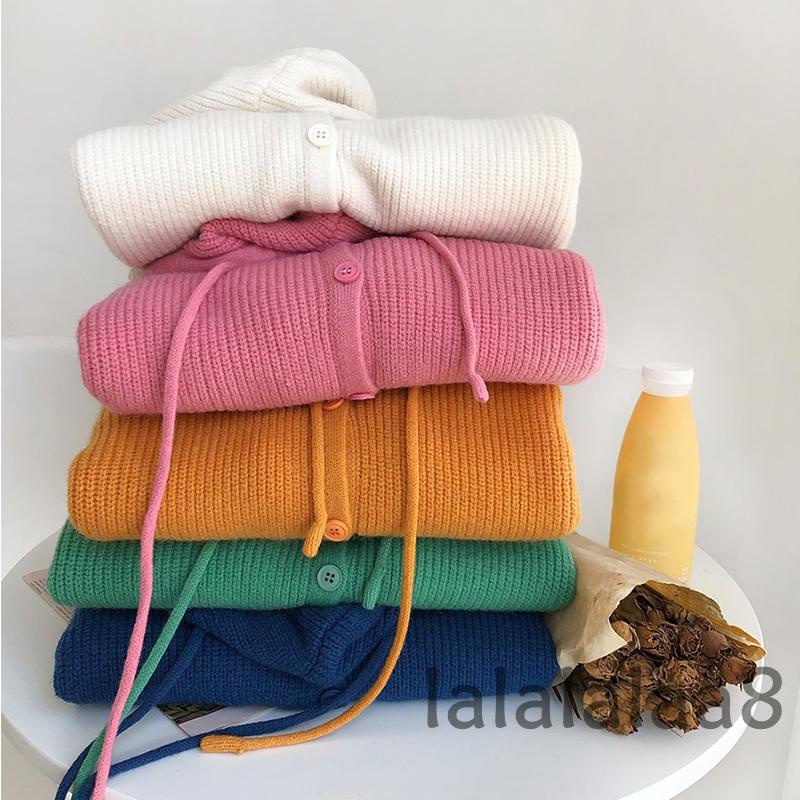 Áo khoác cardigan dệt kim có mũ trùm đầu dây rút tay dài màu trơn thời trang dành cho nữ