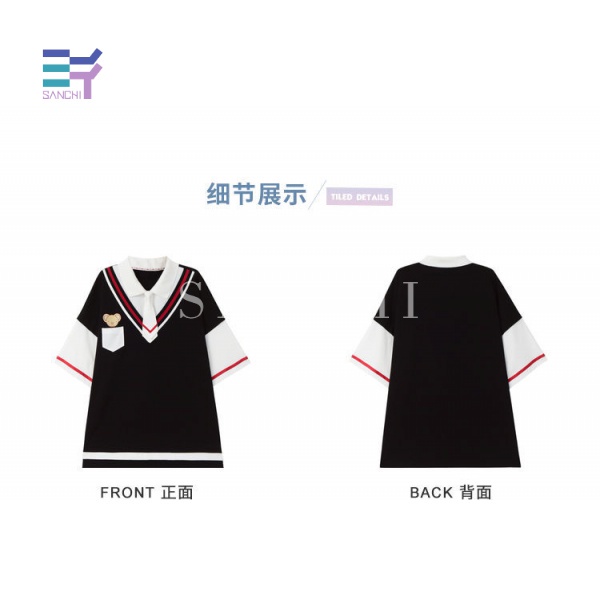 SANCHI Sportswear Set Includes Fake Two-Piece T-shirt Summer Fashion Shorts Women loose Plaid pleated skirt