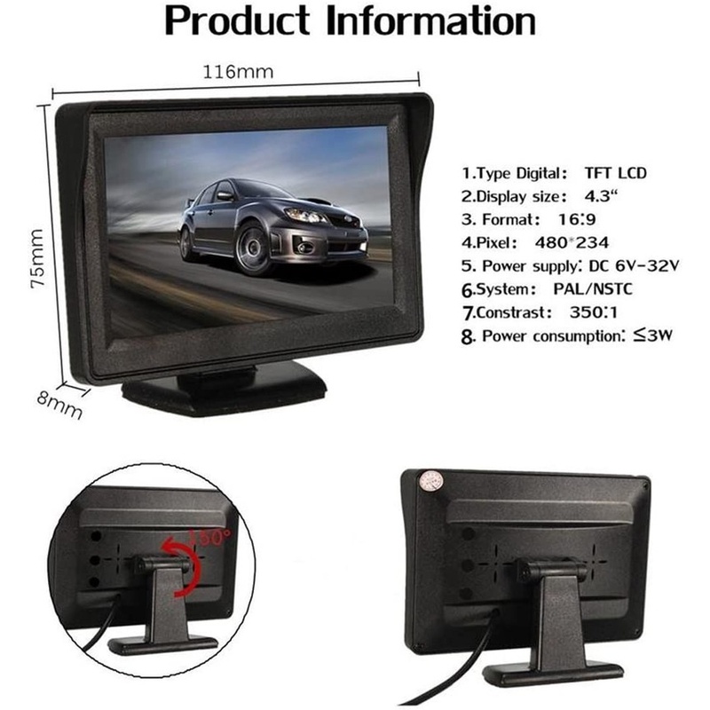 Camera Chiếu Hậu Cho Xe Hơi 12V-24V 4.3'' inch TFT LCD Hỗ Trợ Quay Đêm