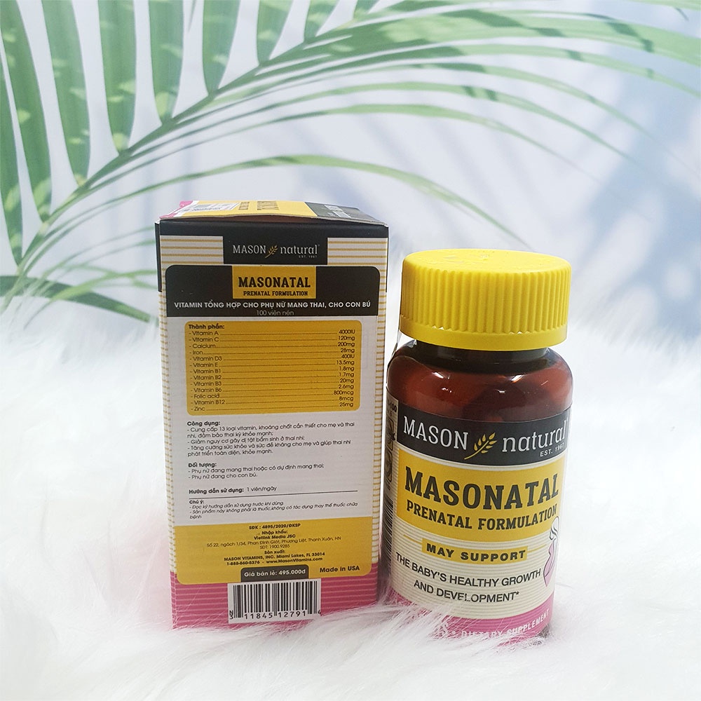 Viên uống bổ sung vitamin tổng hợp cho phụ nữ mang thai và cho con bú Mason Natural Masonatal Prenatal Formulation 100v