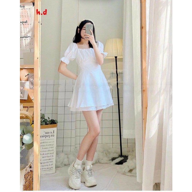 VÁY Trễ Vai cổ vuông ngắn tay Nơ lưng 2 lớp FREESIZE  Đầm Vintage tiểu thư Bánh Bèo Nhún Tay Sang chảnh