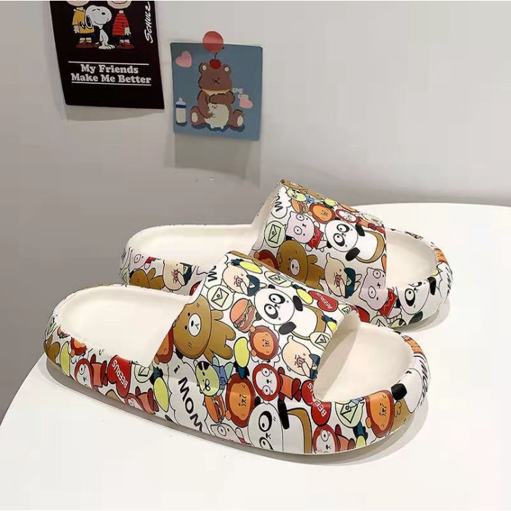 Dép bánh mì Hàn Quốc dáng quai ngang hình gấu thỏ vui nhộn đế dày êm ái đi học đi trong nhà đa năng phong cách dễ thương