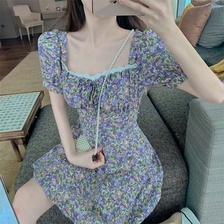 (ORDER) Váy xòe ngắn cộc tay cổ vuông hoa tím retro điệu đà mùa hè Hàn Quốc