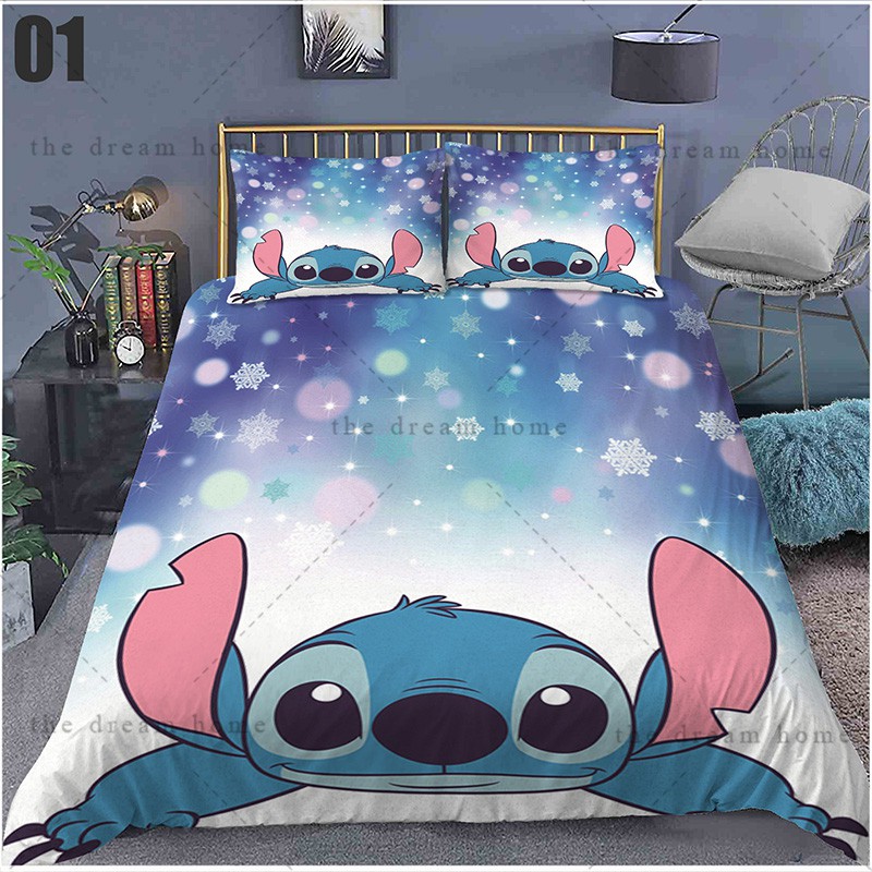 Bộ Ga Trải Giường Và Vỏ Gối 3 Trong 1 In Hình STITCH Đáng Yêu