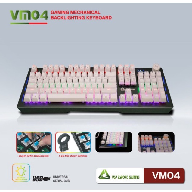 Phím Cơ VSP VM04 Trắng Chuyên Gaming- Phím Cơ keycap Trắng,Nền Xanh Rêu,22 Chế độ LED