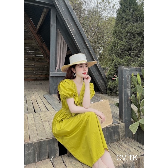 Váy Thô Dáng Dài Cổ V Nơ Sau Bèo Ngực Màu Siêu Xinh