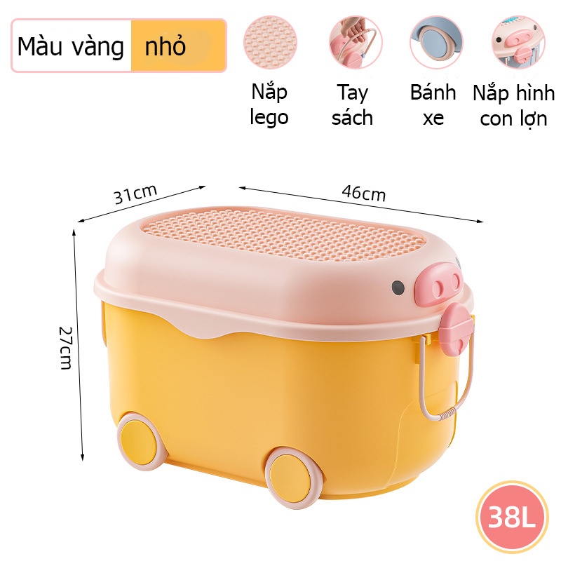 Thùng đựng đồ chơi cho bé hình lợn con xinh xắn bánh xe di chuyển, nắp thùng xếp được đồ chơi có thể đựng quần áo