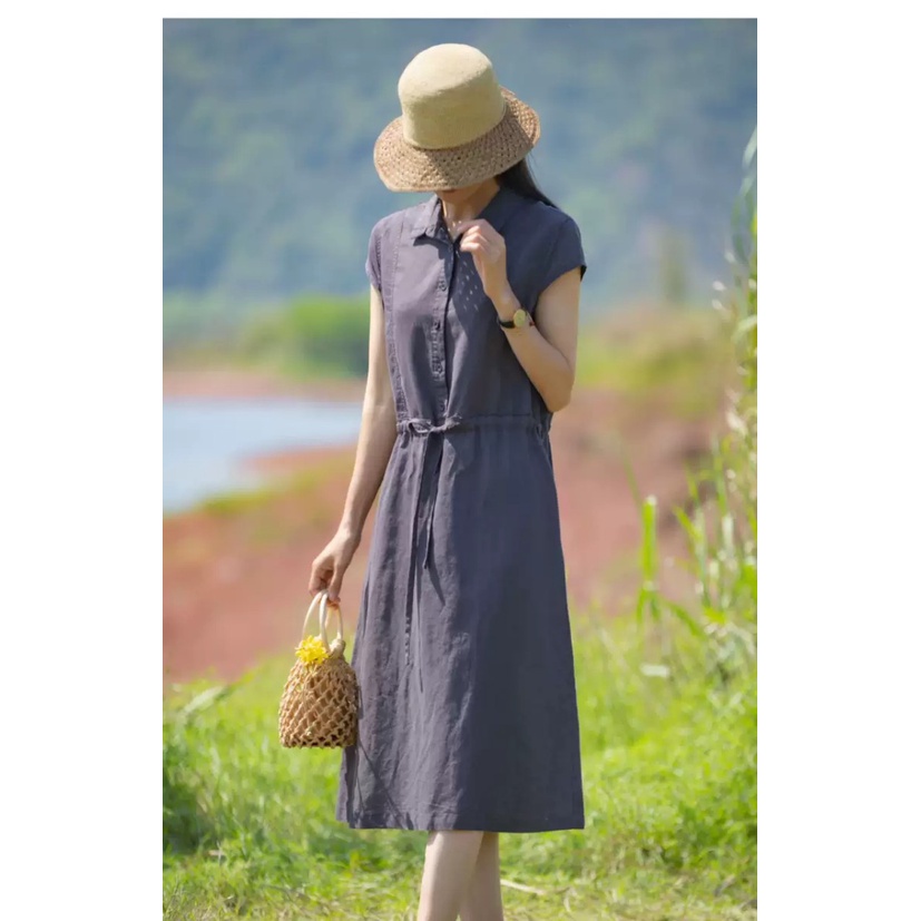 Đầm Suông Linen Cổ Đức,Váy Sơ mi Công Sở, Dạo Phố - Phong Cách Thời Trang Hàn Quốc Da70