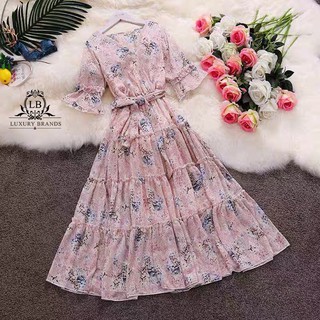 Đầm dáng dài vintage hoa nhí dáng xòe nhiều tầng cổ V tay bèo lửng chiết eo