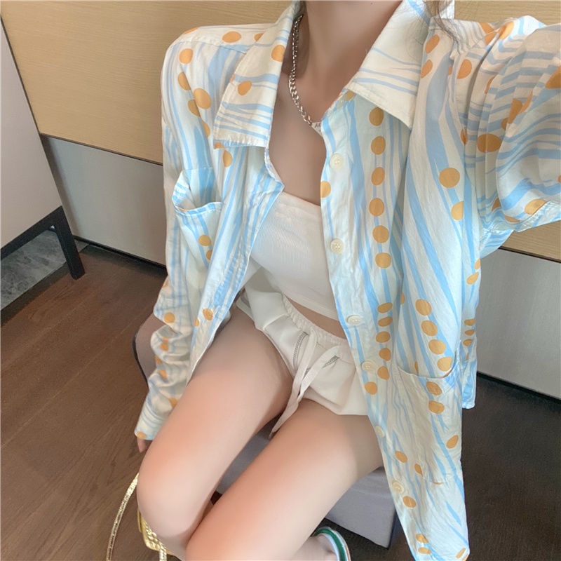 Áo Sơ Mi Tay Dài Dáng Rộng Họa Tiết Chấm Bi Thiết Kế Mới Phong Cách Hàn Quốc