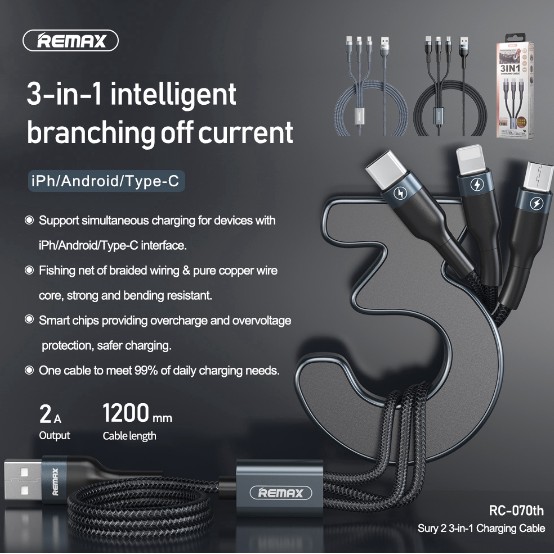 Cáp Sạc Nhanh Remax 3 Đầu IPHONE - MICRO USB - TYPE C Dây Dù RC-070TH CHÍNH HÃNG
