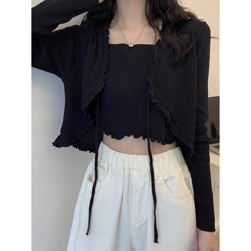 Set Áo Cardigan Dài Tay Kèm Áo Croptop 2 Dây 🦋 Áo Carigan len tăm Viền Bèo Kèm Áo Ngắn 🦋 🌸Nasu May🌸 | BigBuy360 - bigbuy360.vn