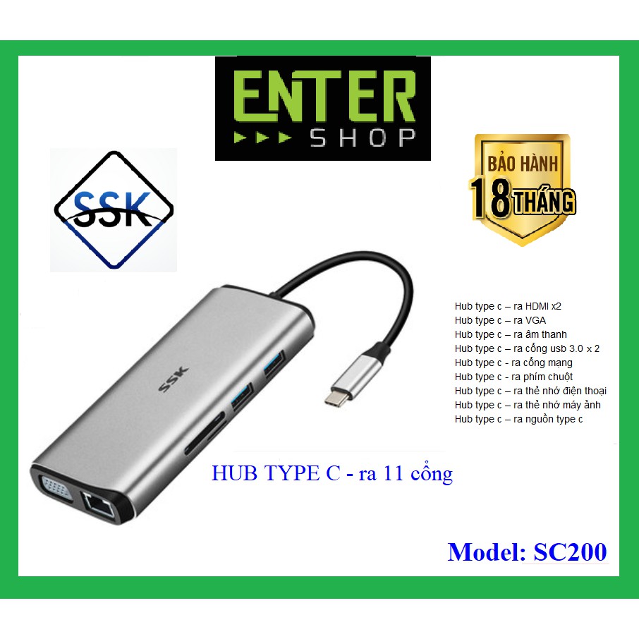 HUB chuyển đổi từ type-c – kết nối ra 11 cổng (2 cổng HDMI) – SC200 tặng kèm túi bảo vệ