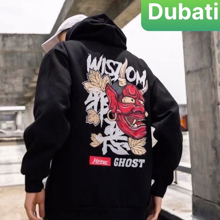 Áo Khoác Nỉ - Aos Hoodie Tay Dai From Rộng Phối Nón Kiểu Mới Mặt Quỷ Đỏ Đầu Sừng- DUBATI FASHION