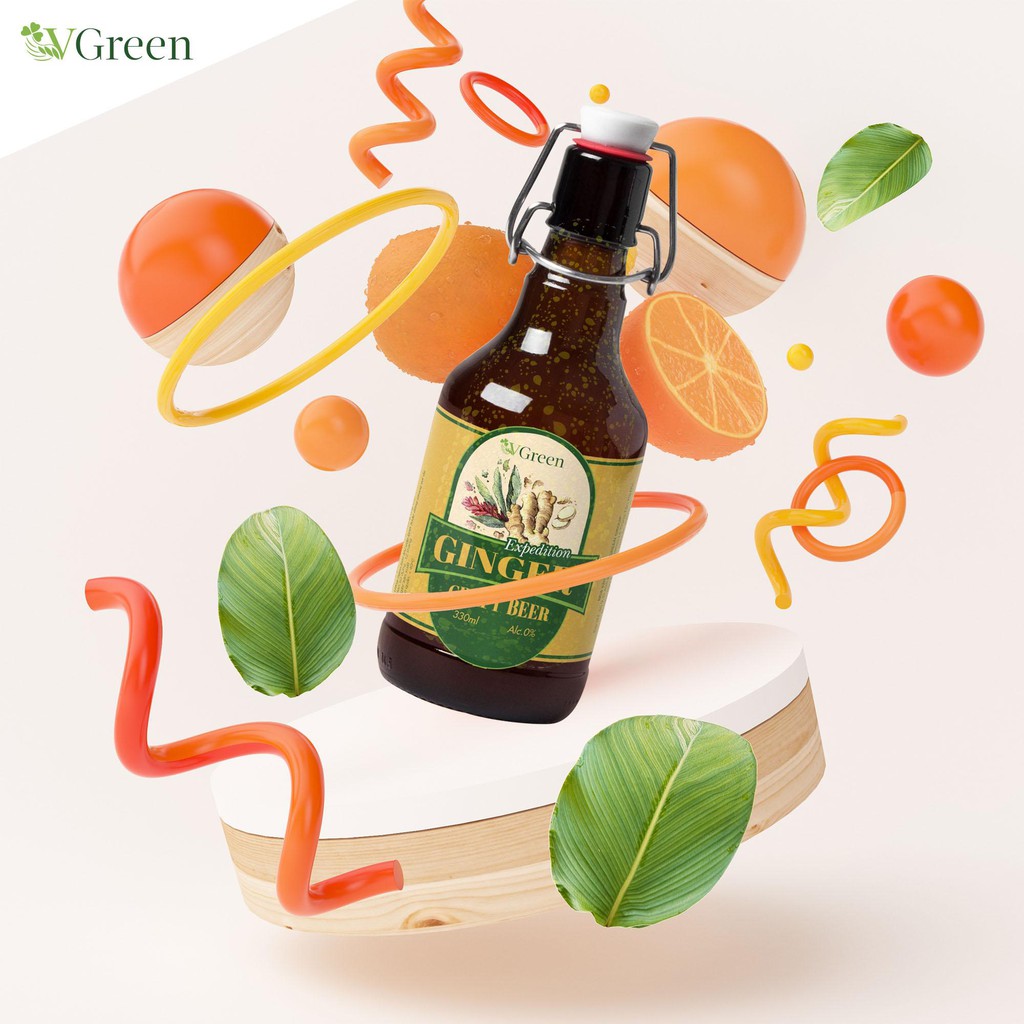 BIA GỪNG (GINGER BEER) VGREEN - lên men thủ công từ Kombucha và gừng hồng/vàng Nhật Bản 330ml