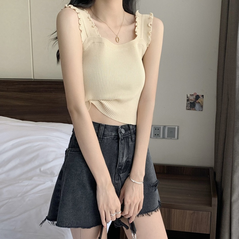 Áo Croptop Cổ Vuông Phối Bèo Thời Trang Mùa Hè Quyến Rũ Cho Nữ