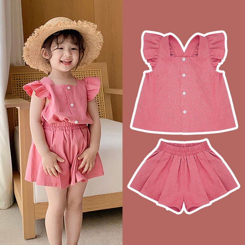 Mới Set Đồ Mùa Hè 2 Món Gồm Áo Không Tay Xòe Màu Trơn + Quần Short Dáng Rộng Cho Bé Gái 1-7 Tuổi