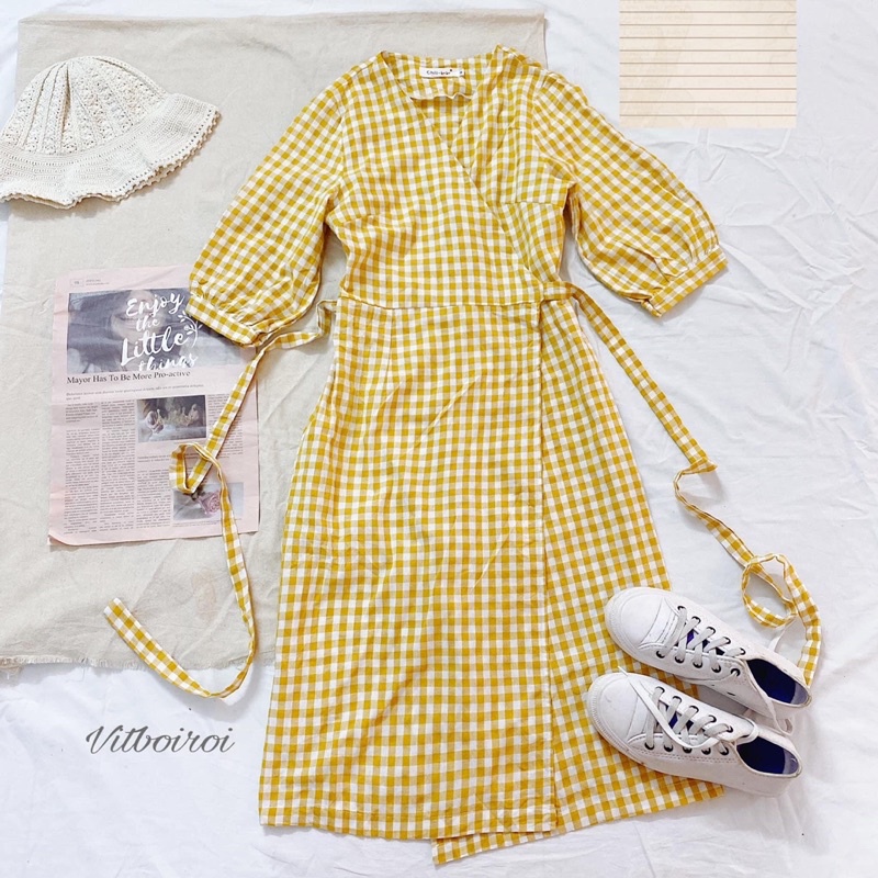 2hand VÁY KẺ CARO VÀNG, DÁNG DÀI ĐÁP CHÉO