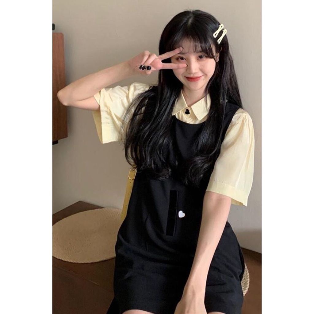 AMOI Bộ Áo Và Chân Váy Yếm Thời Trang Hàn Quốc 2022 Dành Cho Nữ