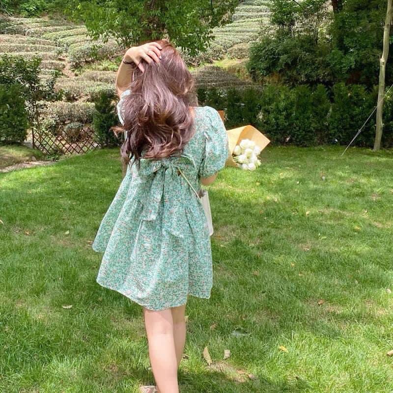 Váy babydoll nơ lưng hoa nhí xanh mint ullzang - Đầm xoè cổ vuông tay phồng nơ lưng xanh lá