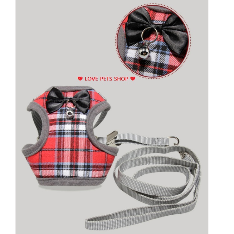 BỘ DÂY DẮT CHÓ MÈO KÈM YẾM SỌC CARO DỄ THƯƠNG - LOVE PETS SHOP