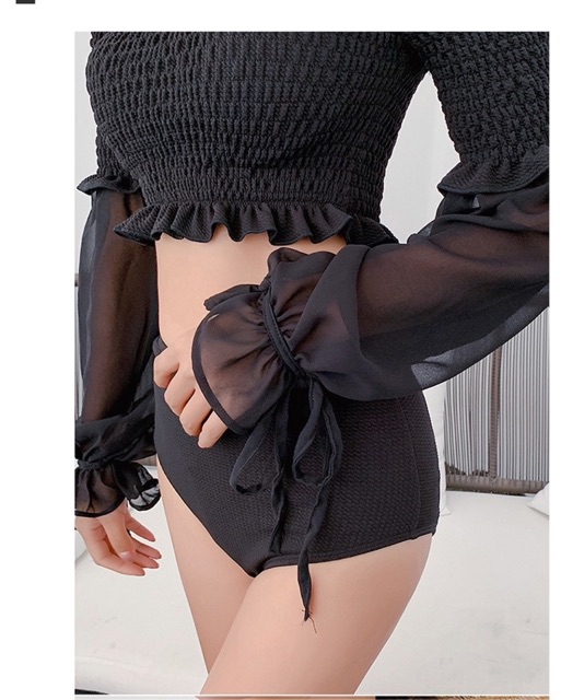 [BKN651] &lt;HÀN&gt; SET BIKINI TAY BỒNG ĐEN KIỂU HÀN (CẠP CAO)