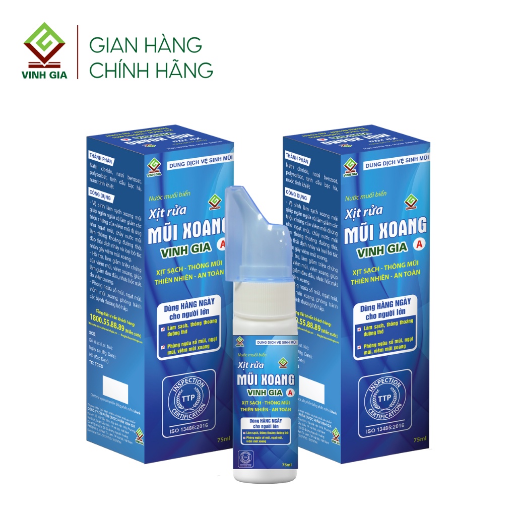 Xịt Rửa Mũi Xoang VINH GIA A Chứa Tinh Dầu Bạc Hà, Giúp Hơi Thở Thông Thoáng, Bảo Vệ Hô Hấp Dùng Cho Người Lớn - 75ml