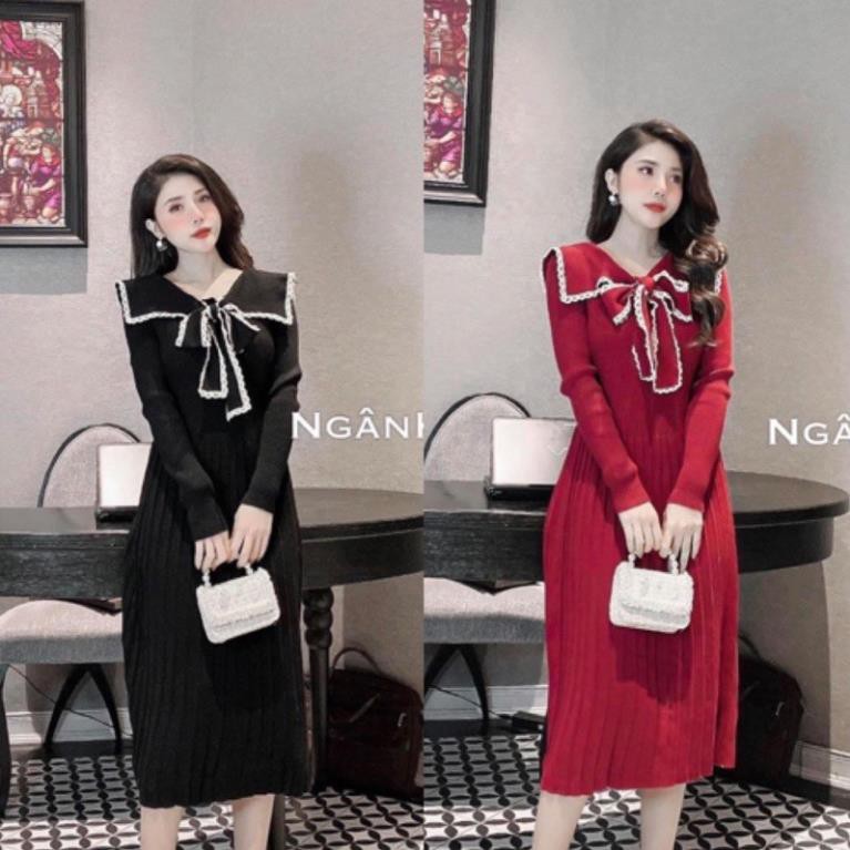 BÁN SỈ VÁY LEN BUỘC NƠ REN TRẮNG 2 MÀU ĐỎ ĐEN CHO NỮ