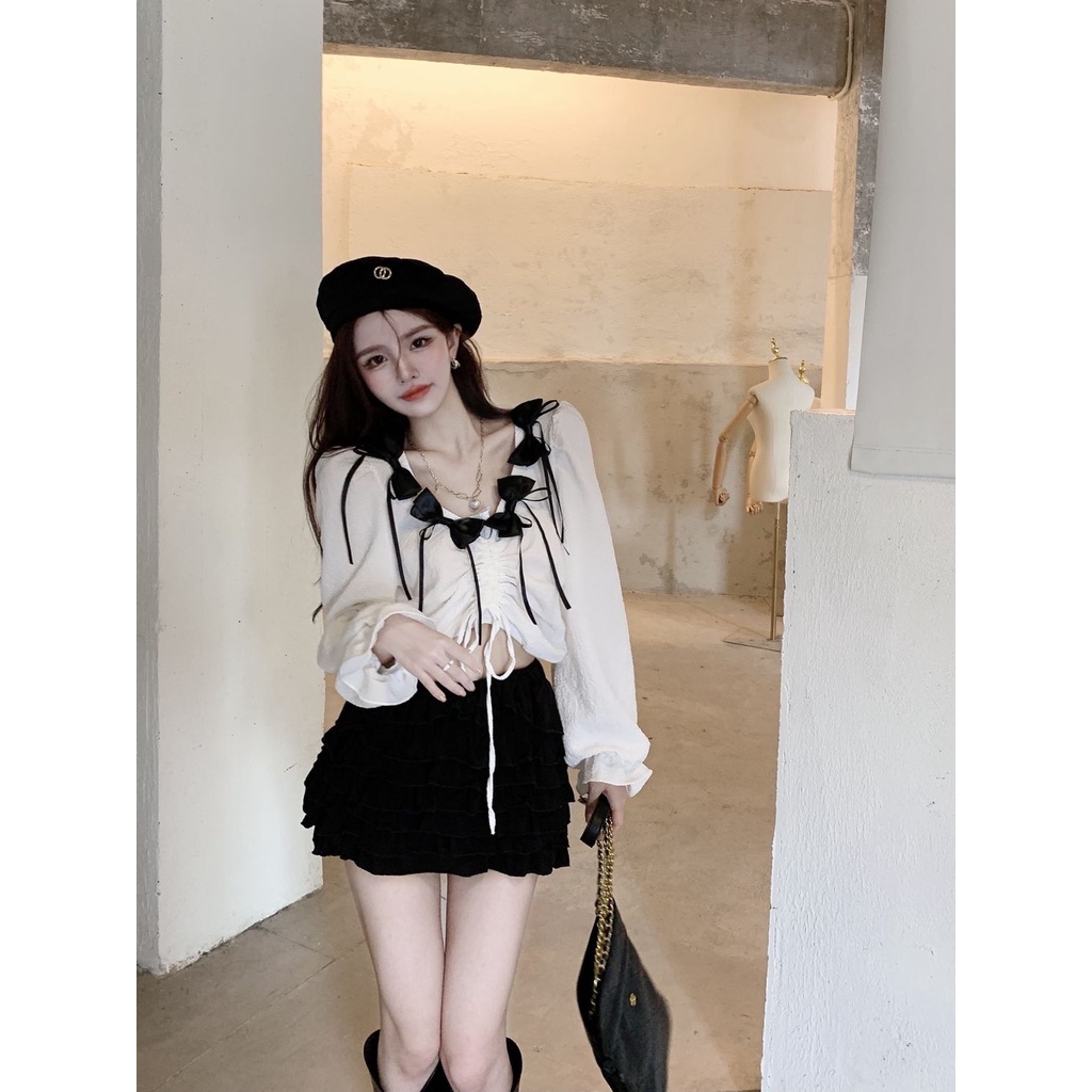 Áo Kiểu Dây Rút Xếp Ly Ôm Dáng Màu Sắc Tương Phản Họa Tiết Kẻ Sọc Phối Nơ Xinh Xắn Cho Nữ