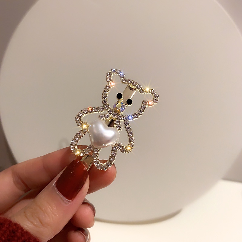 Kẹp Tóc Hình Gấu Đính Ngọc Trai Lấp Lánh Dễ Thương