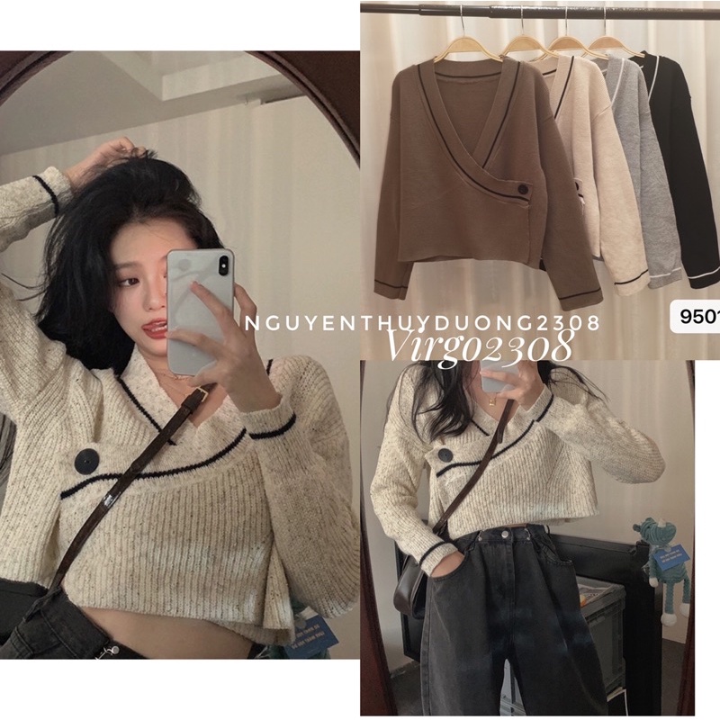 [HÀNG SẴN]ÁO LEN CROPTOP CỔ CHỮ Y ĐÍNH CÚC hàng Quảng Châu siêu xinh