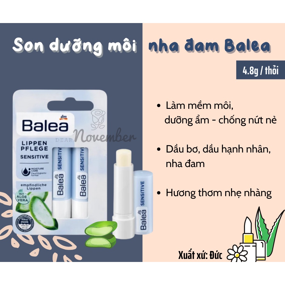 Son dưỡng môi Balea lô hội, 4.8g | Son dưỡng làm mềm cho môi nhạy cảm | Son chống nắng SPF 10, Chính hãng Đức Balea