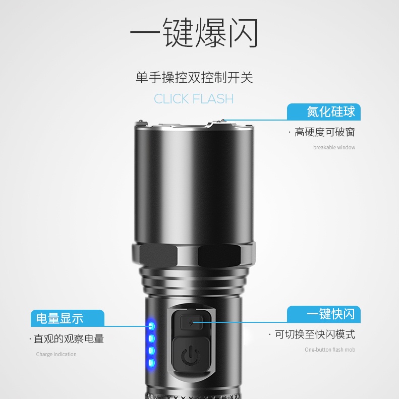 Đèn pin LED Smiling Shark E30 siêu sáng USB có thể sạc lại 3 loại làm việc không thấm nước ngoài trời câu cá cắm trại trên núi