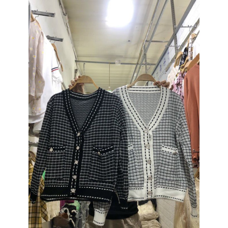 A503 Áo Khoác Len, Áo khoác cadigan chạy viền 2 tone màu trắng đen basic, phối túi 2 bên và cúc ngọc | BigBuy360 - bigbuy360.vn