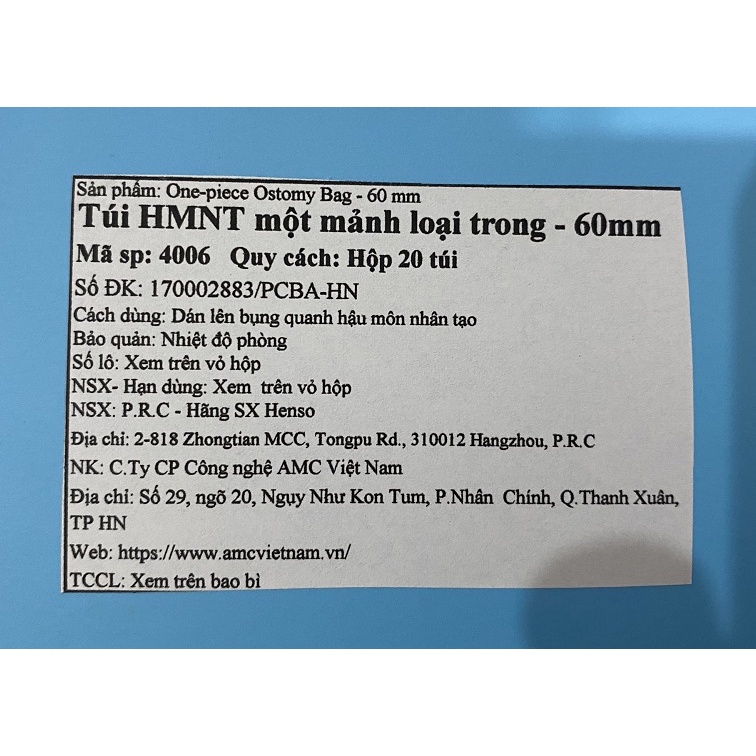 TÚI HẬU MÔN NHÂN TẠO MỘT MẢNH LOẠI TRONG AMC 4006 ( CÓ THAN HOẠT TÍNH)