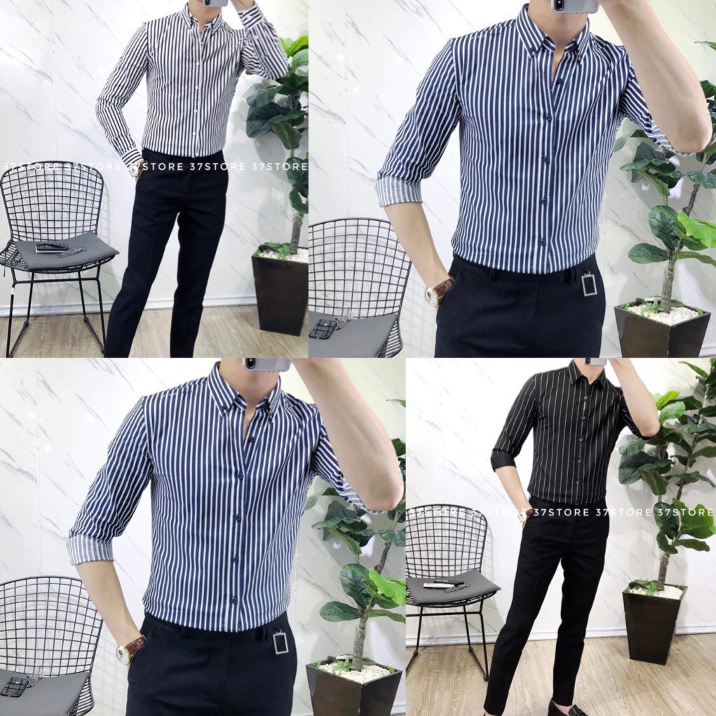 Áo sơ mi nam SỌC 3 MÀU Hàn Quốc dáng ôm vải lụa thái chống nhăn chống xù SIÊU ĐẸP