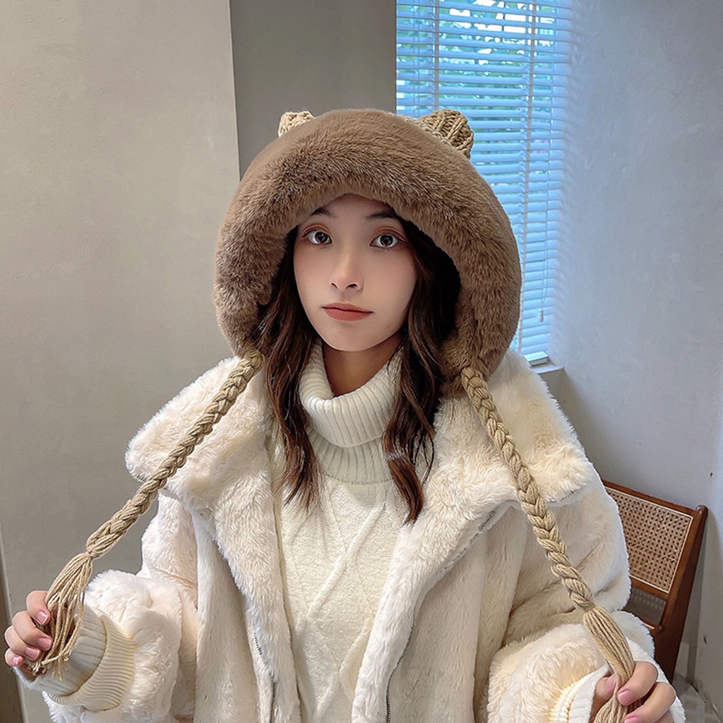 Mũ beanie dệt kim màu trắng viền lông thời trang thu đông cổ điển dành cho nữ