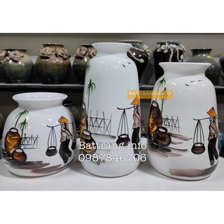 Set ba lọ hoa vẽ tay hoạ tiết hoa - lọ hoa trang trí gốm sứ Bát Tràng