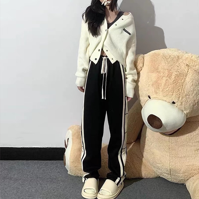 【ZHELIHANGFEI】Quần Thể Thao Lưng Cao Ống Rộng Họa Tiết Kẻ Sọc Phong Cách Đường Phố