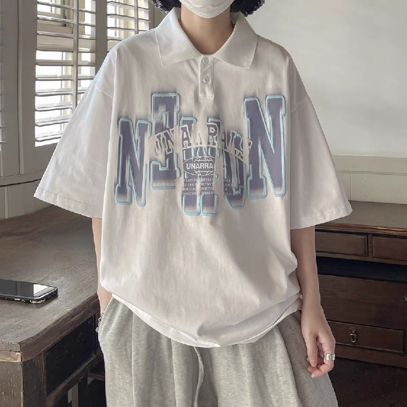 Áo Thun POLO Tay Ngắn Dáng Rộng Thoáng Khí In Chữ Phong Cách hip hop Đường Phố Hàn Quốc Thời Trang Mùa Hè Cho Nam