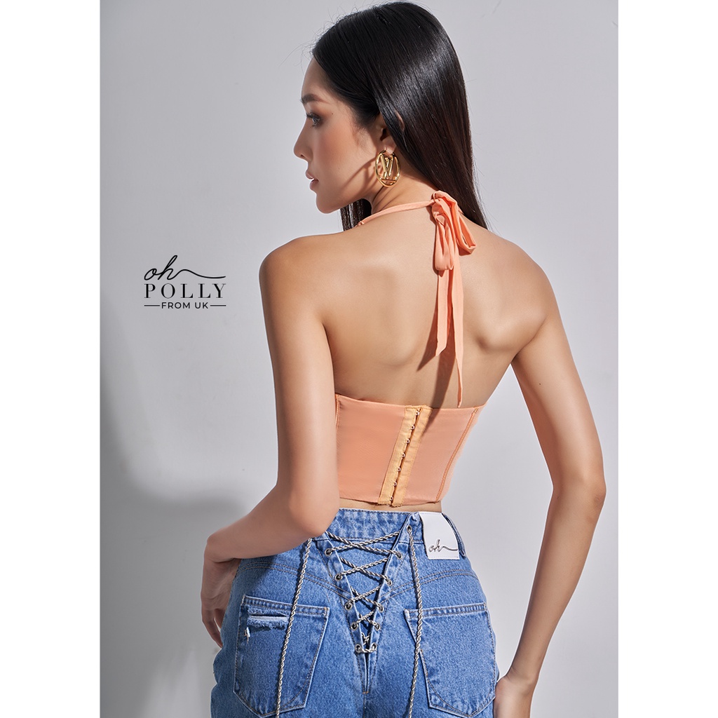 Oh Polly - Áo croptop khoét ngực, cổ yếm corset ôm body