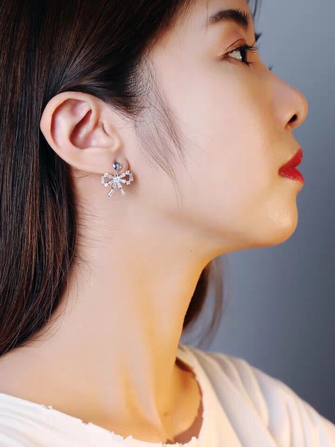 Khuyên tai nụ tim treo nơ siêu đẹp sáng bạc ta