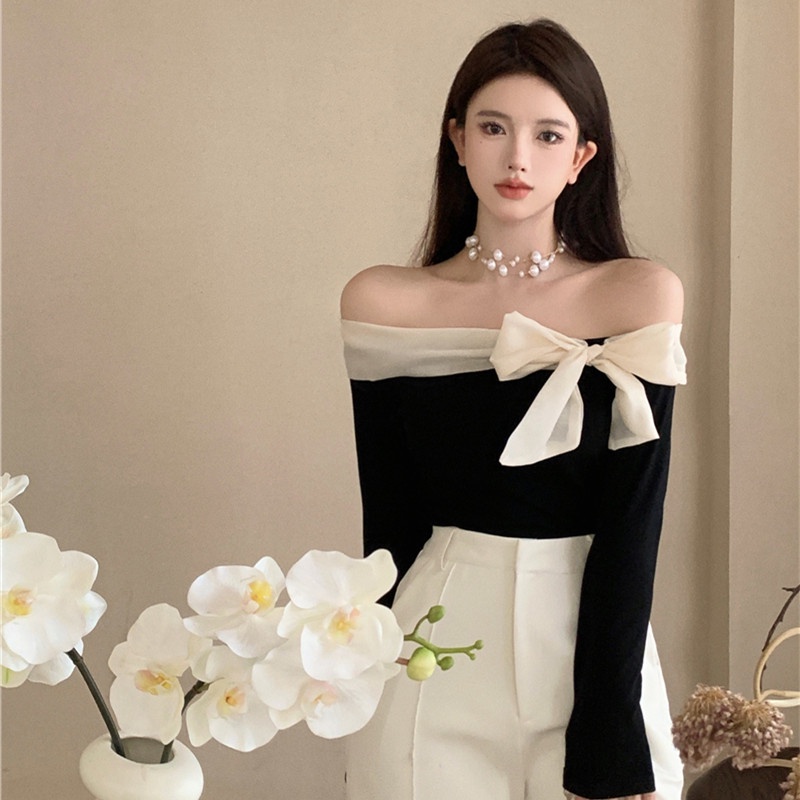 Áo Kiểu Tay Dài Trễ Vai Phối Nơ Thiết Kế Hợp Thời Trang