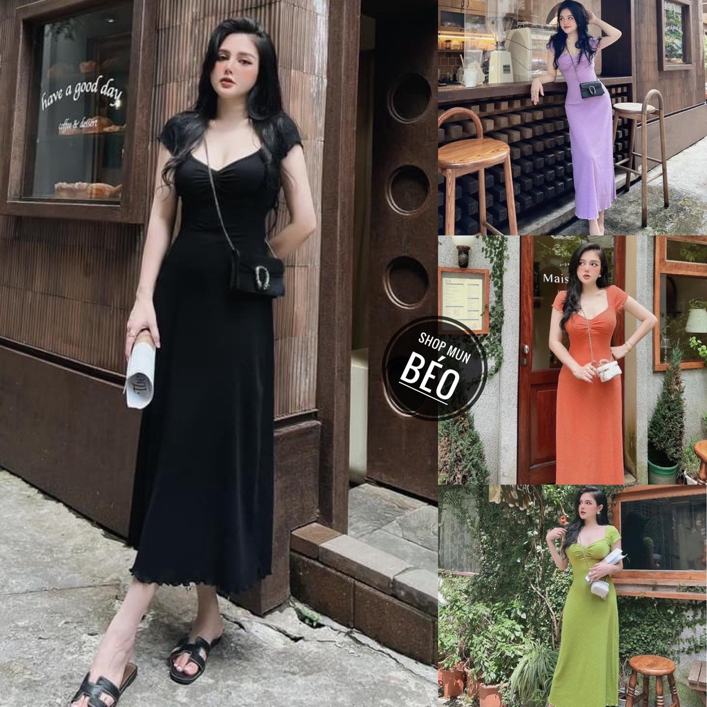 Đầm Body Phom Dài Dáng Xòe Nhún Ngực Tay Ngắn Chất Thun Gân Thích Hợp Mặc Đi Tiệc Đi Làm Đi Chơi