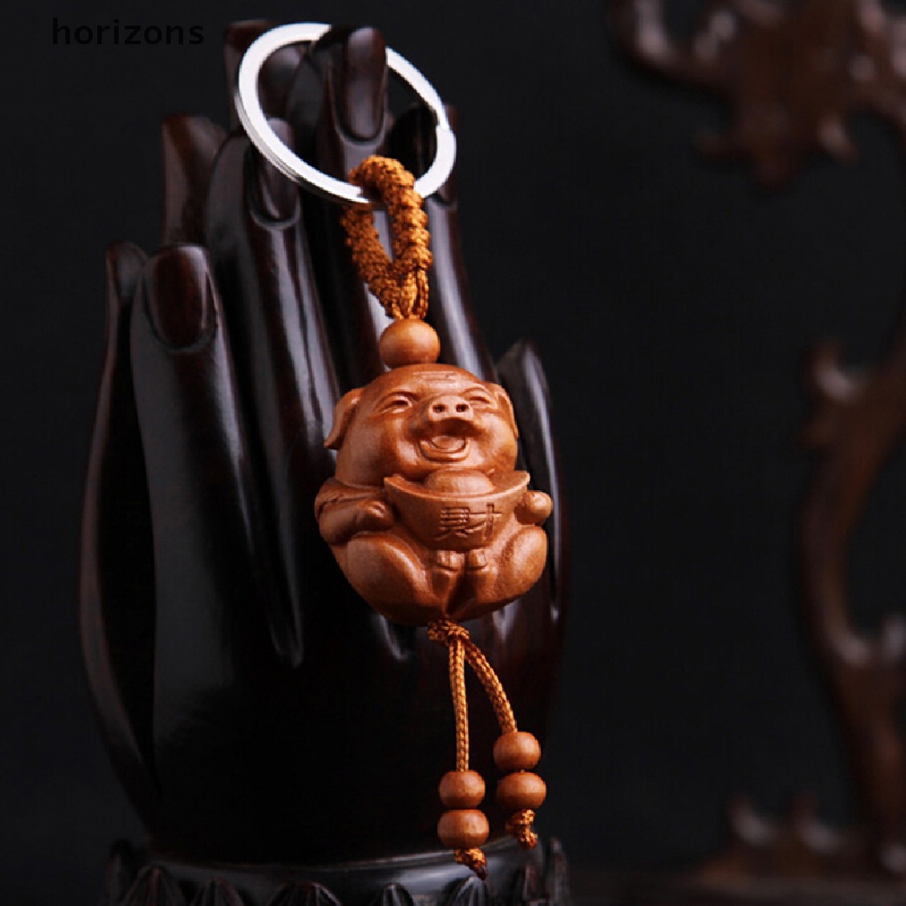 Móc khóa mặt hình chú heo bằng gỗ chạm khắc may mắn đáng yêu