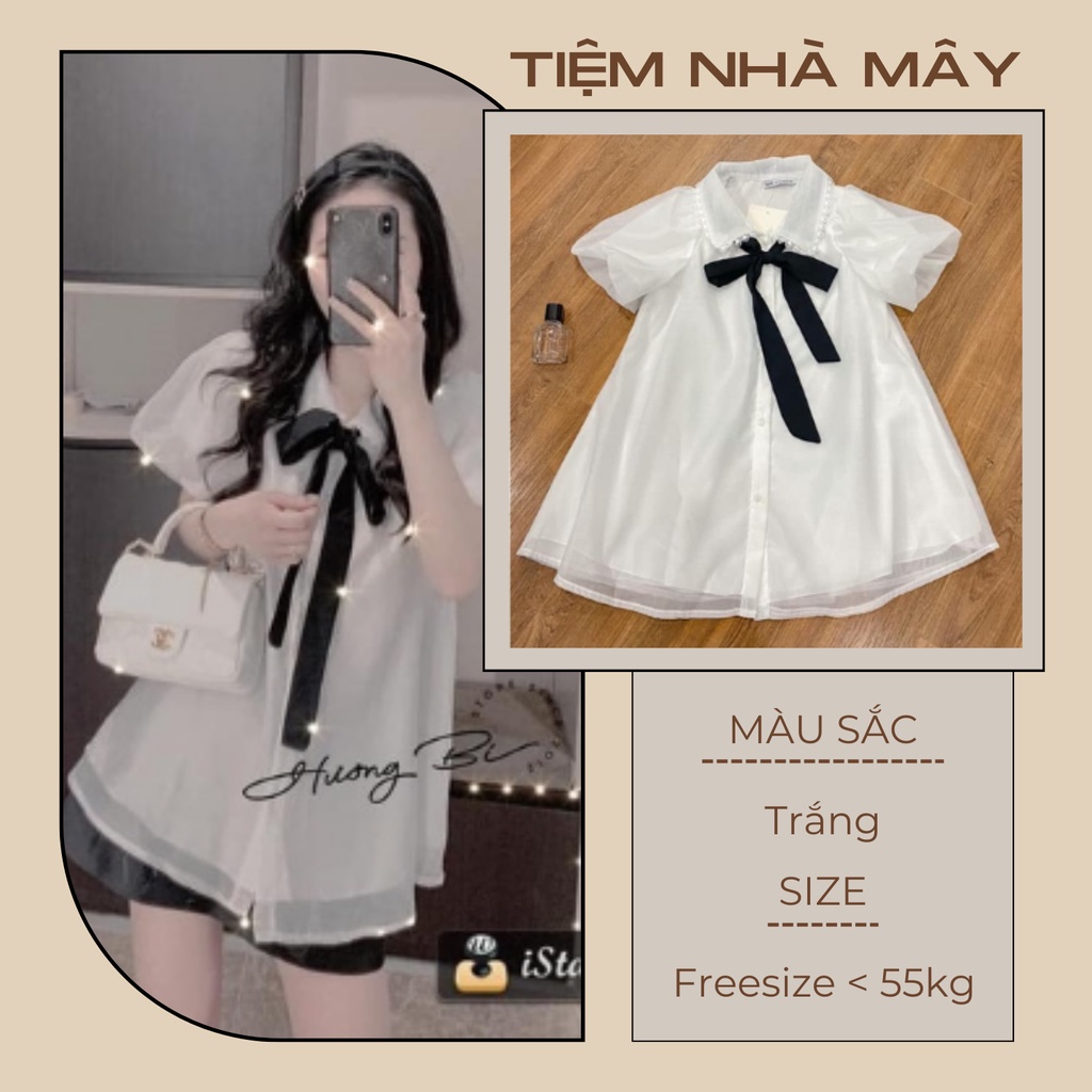 Áo Sơ Mi Babydoll Nơ Đen Tay Bồng Voan 2 Lớp, Sơmi Ren Tơ Form Thụng Dáng Xòe Sm103