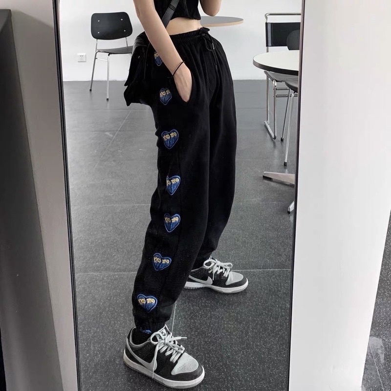 Quần jogger tim xanh UnisexFREESHIPChất nỉ ép ngoại dầy đẹp, from ống rộng, chun ống