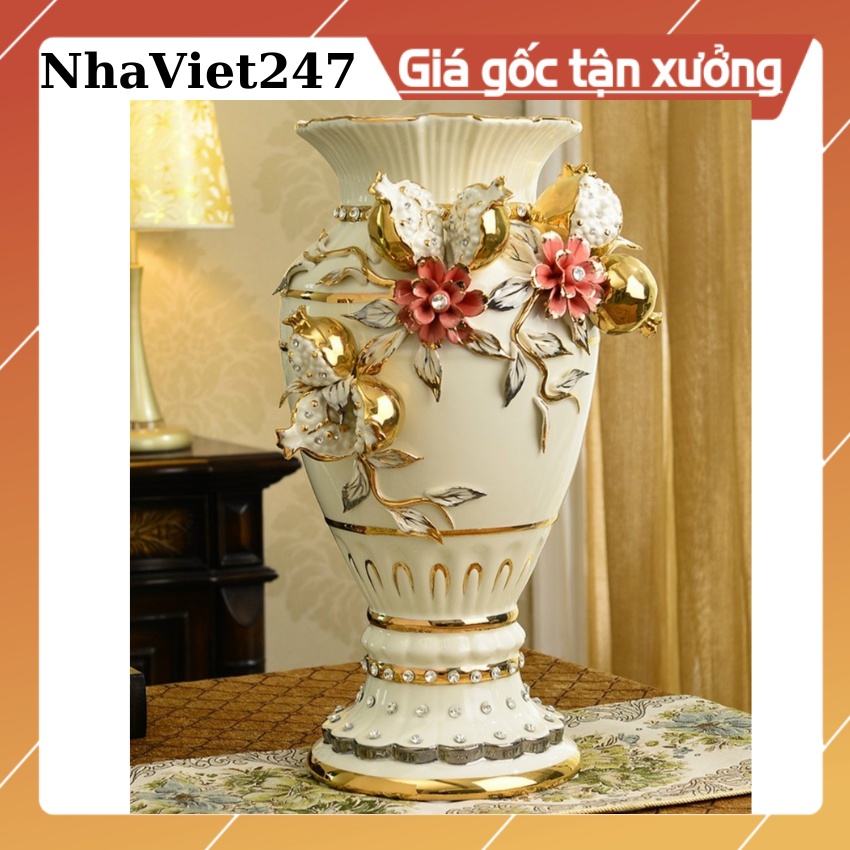 Lọ Hoa-Bình Cắm Bông Bằng Gốm Sứ Trắng Vẽ Vàng-Gốm Quảng Châu,Vật trang trí Decor Bàn,Tủ,Kệ,đẹp,giá rẻ,quà tặng ý nghĩa